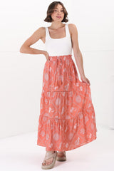 Billy Maxi Skirt - Tiered Crochet Insert Skirt in Kalah Print Orange