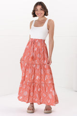 Billy Maxi Skirt - Tiered Crochet Insert Skirt in Kalah Print Orange