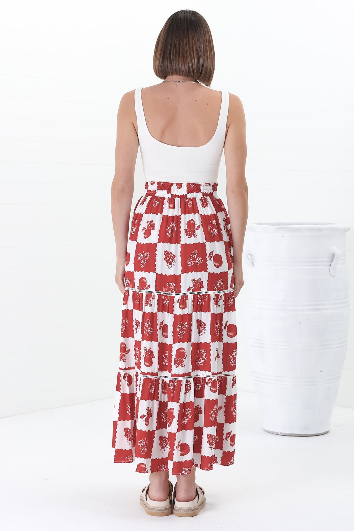 Billy Maxi Skirt - Tiered Crochet Insert Skirt in Flux Print Red