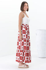 Billy Maxi Skirt - Tiered Crochet Insert Skirt in Flux Print Red