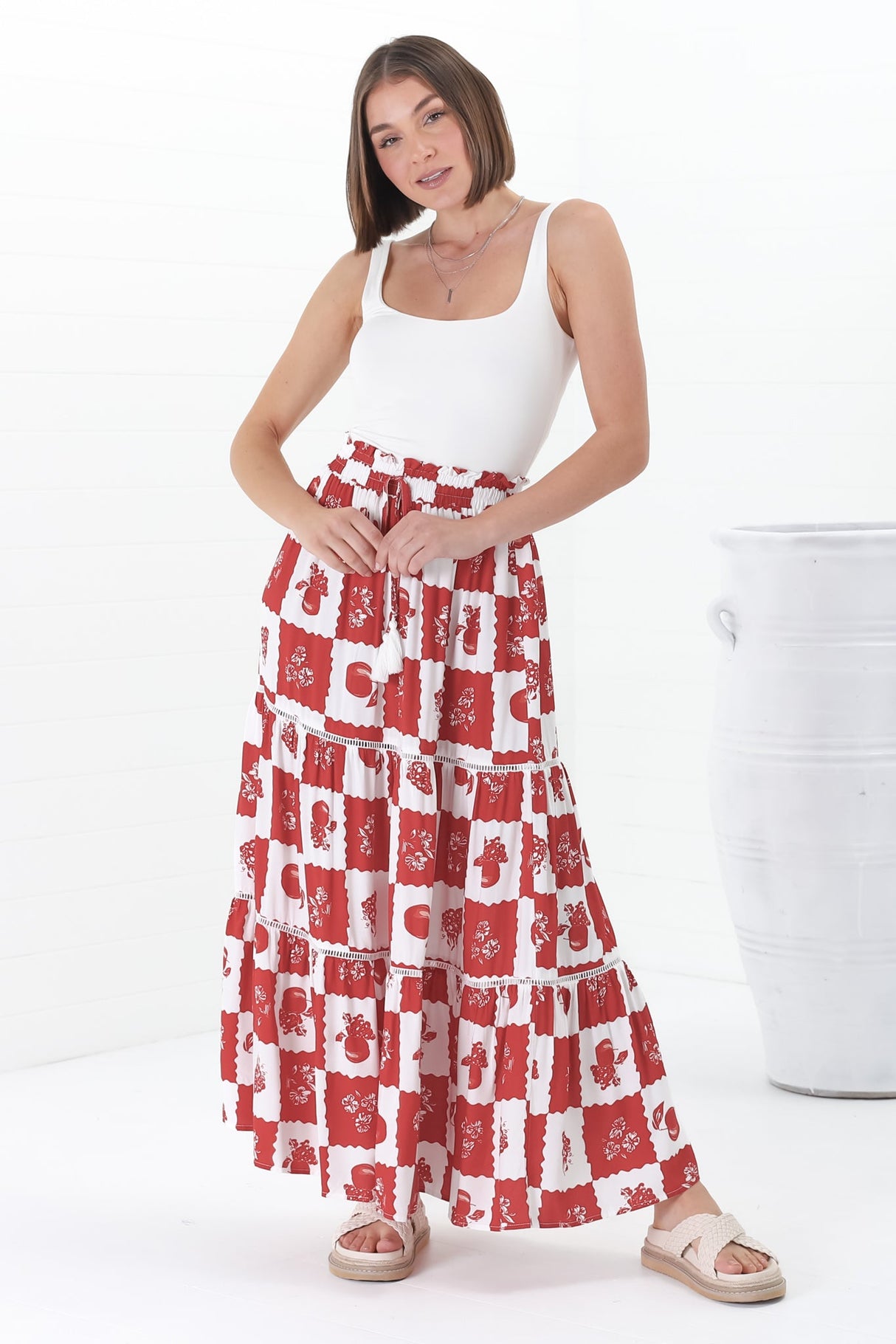 Billy Maxi Skirt - Tiered Crochet Insert Skirt in Flux Print Red