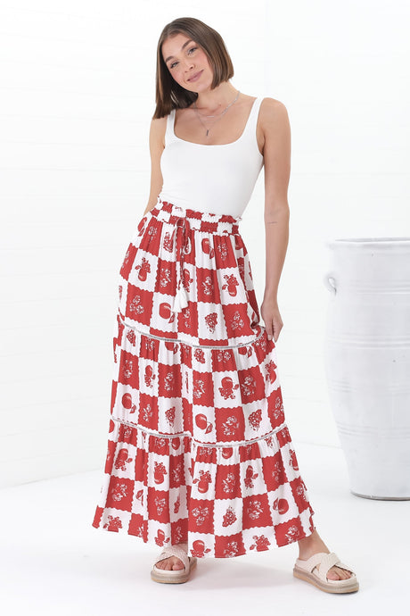 Billy Maxi Skirt - Tiered Crochet Insert Skirt in Flux Print Red