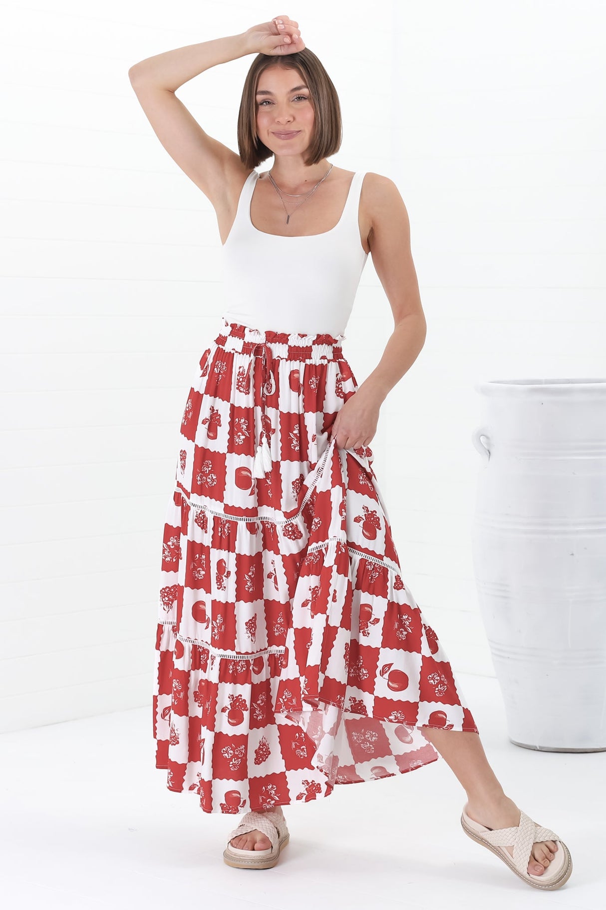 Billy Maxi Skirt - Tiered Crochet Insert Skirt in Flux Print Red