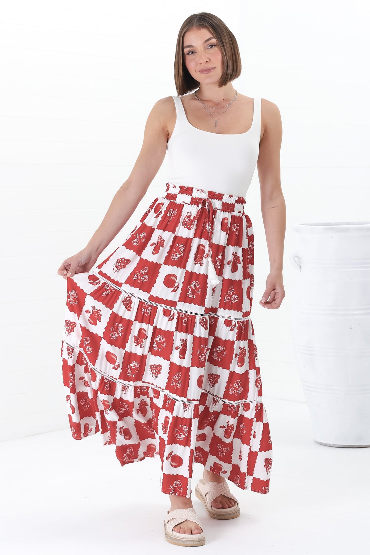 Billy Maxi Skirt - Tiered Crochet Insert Skirt in Flux Print Red