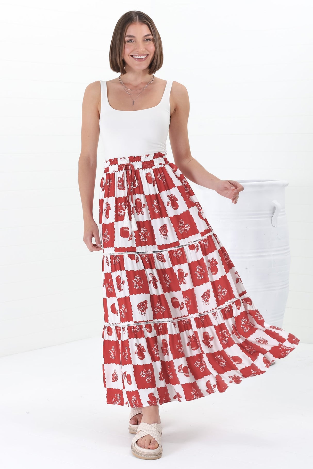 Billy Maxi Skirt - Tiered Crochet Insert Skirt in Flux Print Red