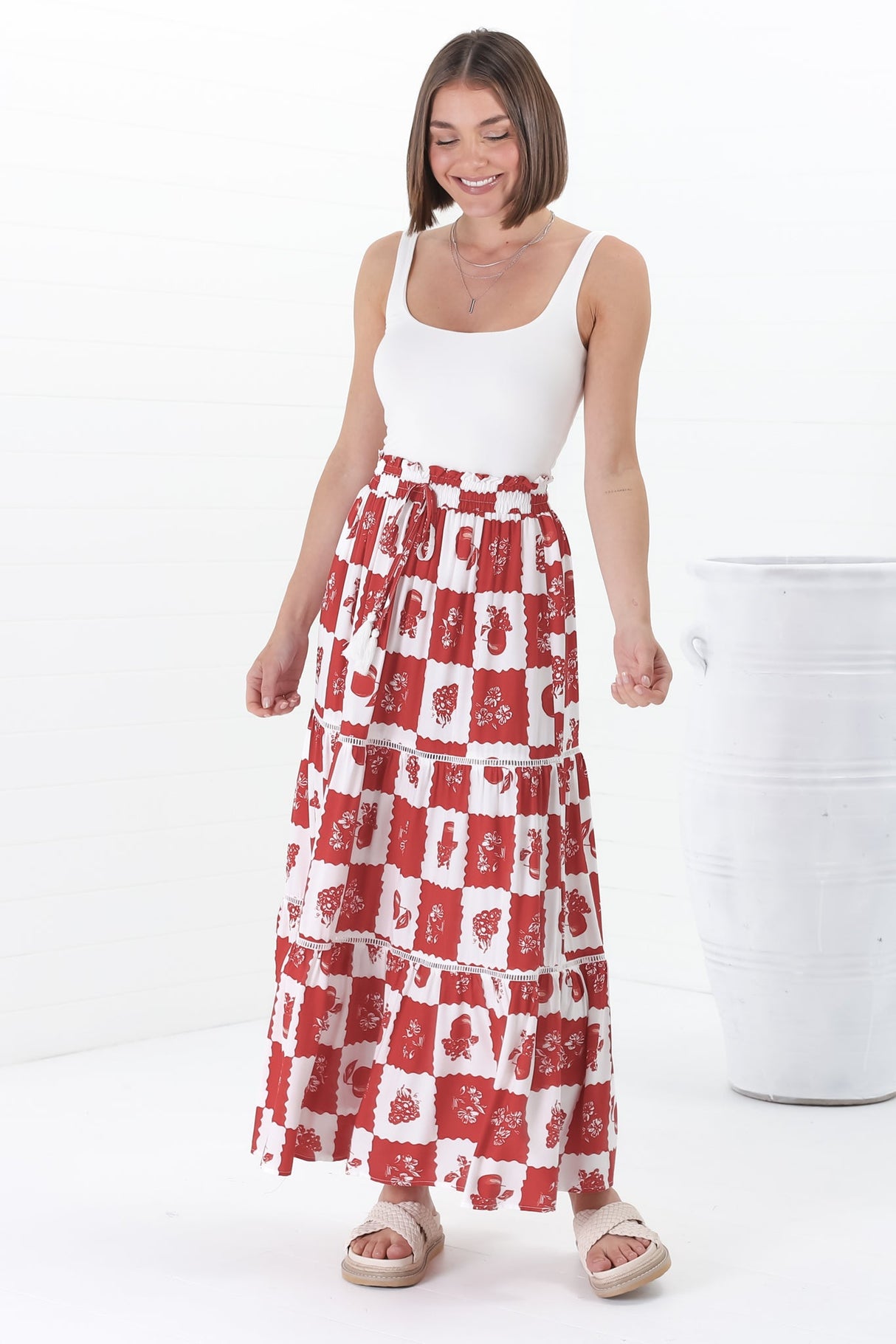 Billy Maxi Skirt - Tiered Crochet Insert Skirt in Flux Print Red