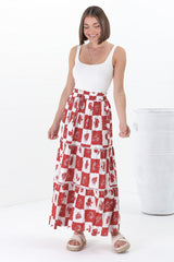 Billy Maxi Skirt - Tiered Crochet Insert Skirt in Flux Print Red