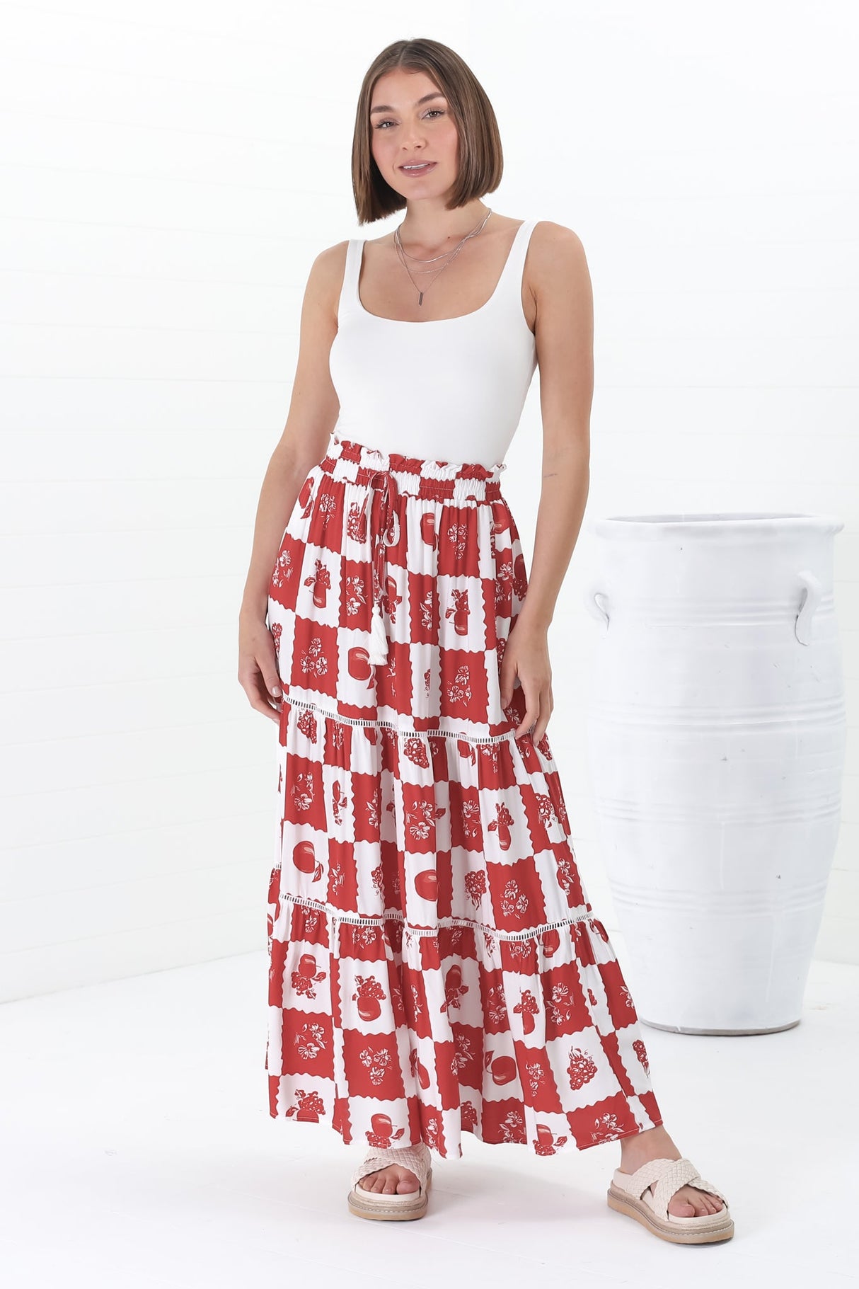 Billy Maxi Skirt - Tiered Crochet Insert Skirt in Flux Print Red