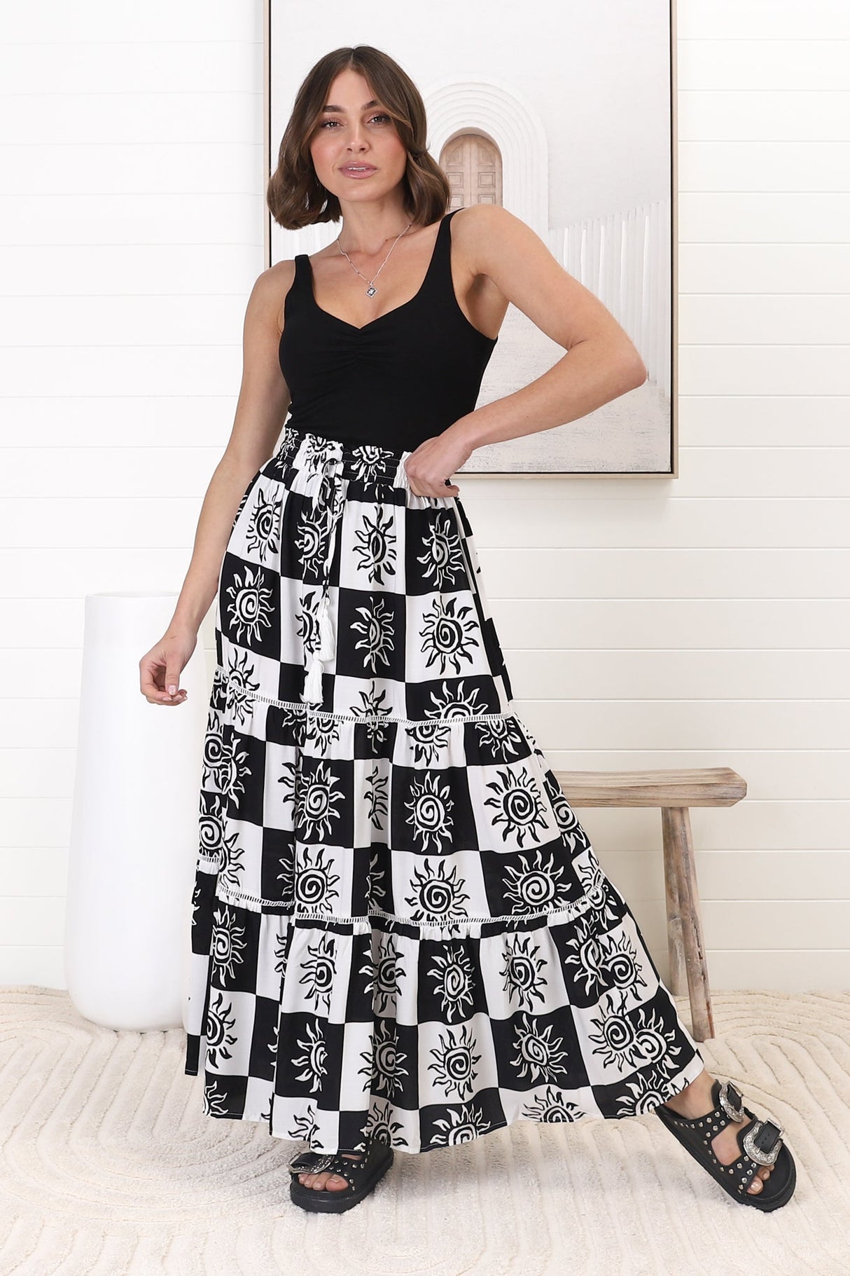 Billy Maxi Skirt - Tiered Crochet Insert Skirt in Tiller Print Black