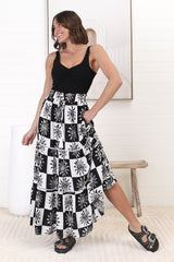 Billy Maxi Skirt - Tiered Crochet Insert Skirt in Tiller Print Black