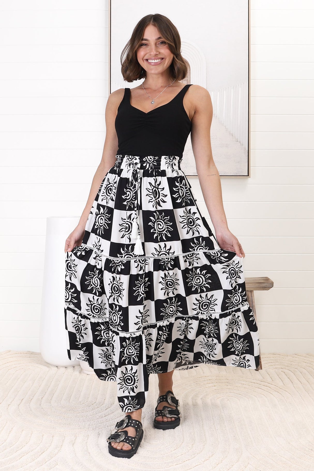 Billy Maxi Skirt - Tiered Crochet Insert Skirt in Tiller Print Black