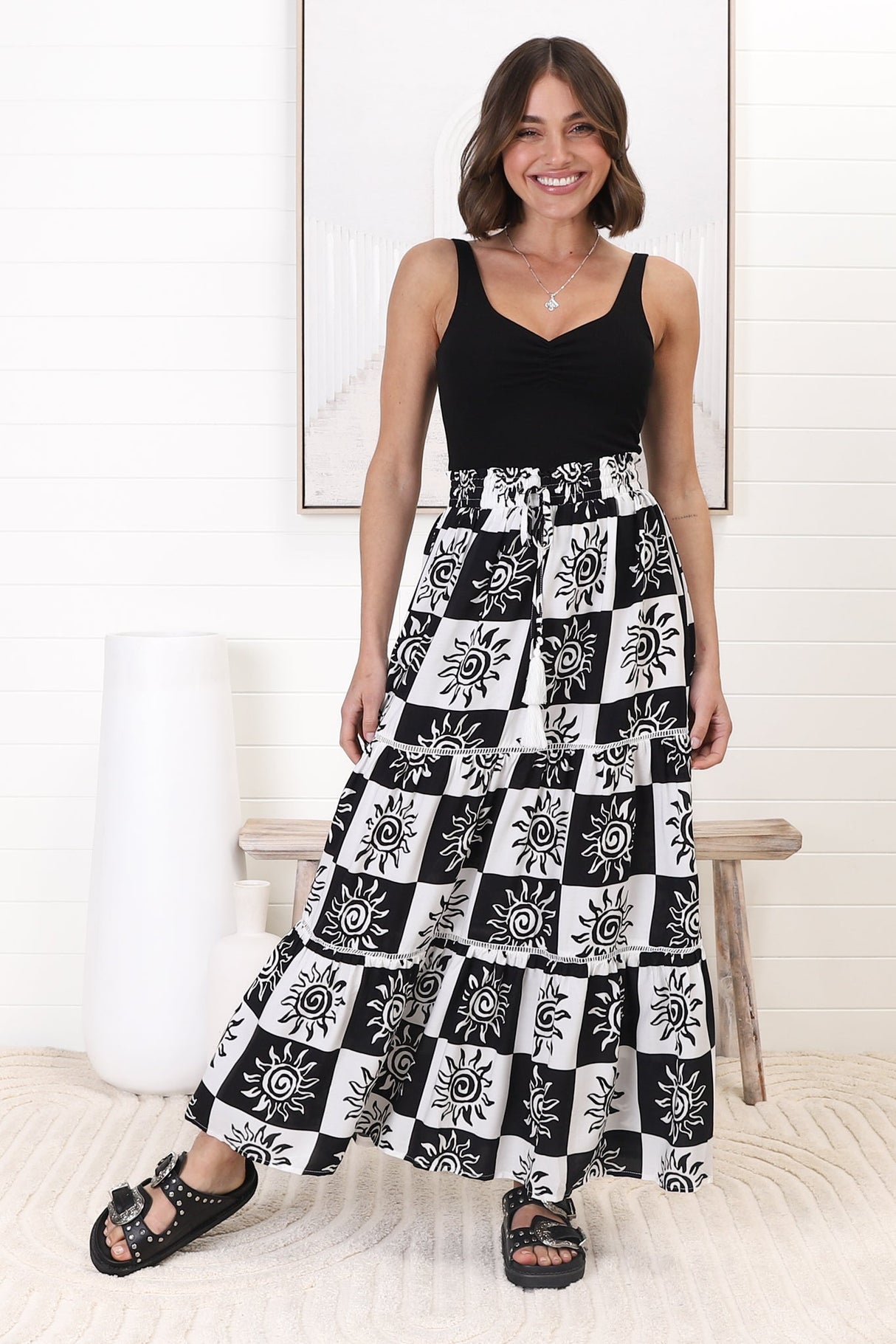 Billy Maxi Skirt - Tiered Crochet Insert Skirt in Tiller Print Black