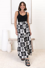 Billy Maxi Skirt - Tiered Crochet Insert Skirt in Tiller Print Black