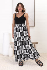 Billy Maxi Skirt - Tiered Crochet Insert Skirt in Tiller Print Black