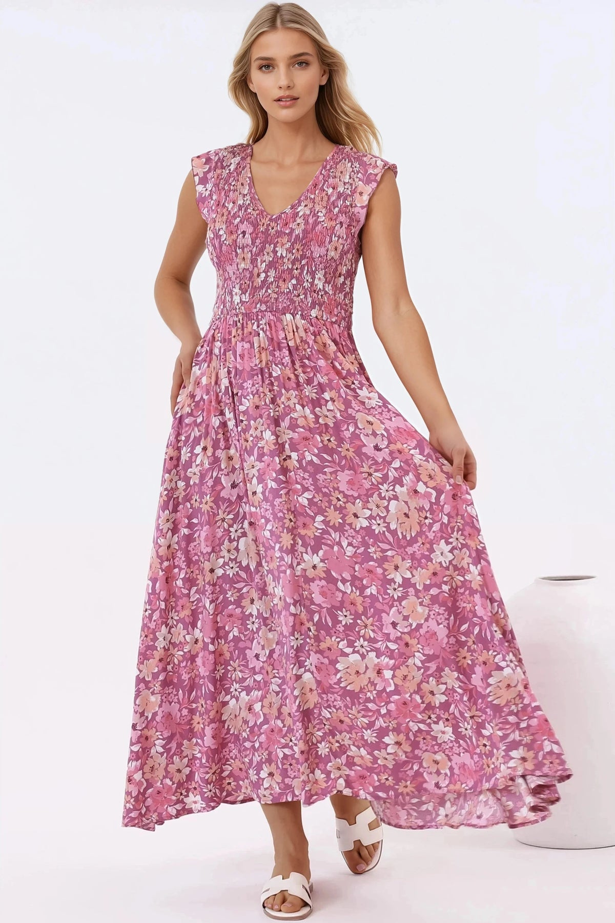 Bindy Midi Dress V Neck Elasticated Bodice Frill Cap Sleeve Dress Doralee Print