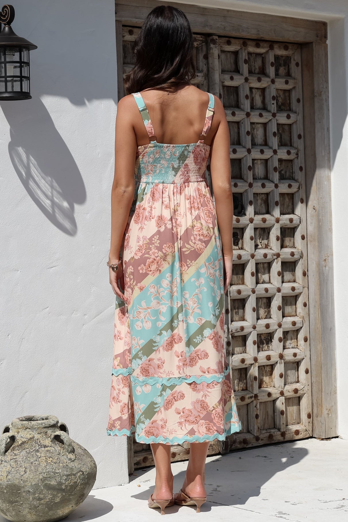Bionda Midi Dress - Ric Rac Spliced Sun Dress with Adjustable Straps in Clavelle Print