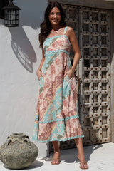 Bionda Midi Dress - Ric Rac Spliced Sun Dress with Adjustable Straps in Clavelle Print