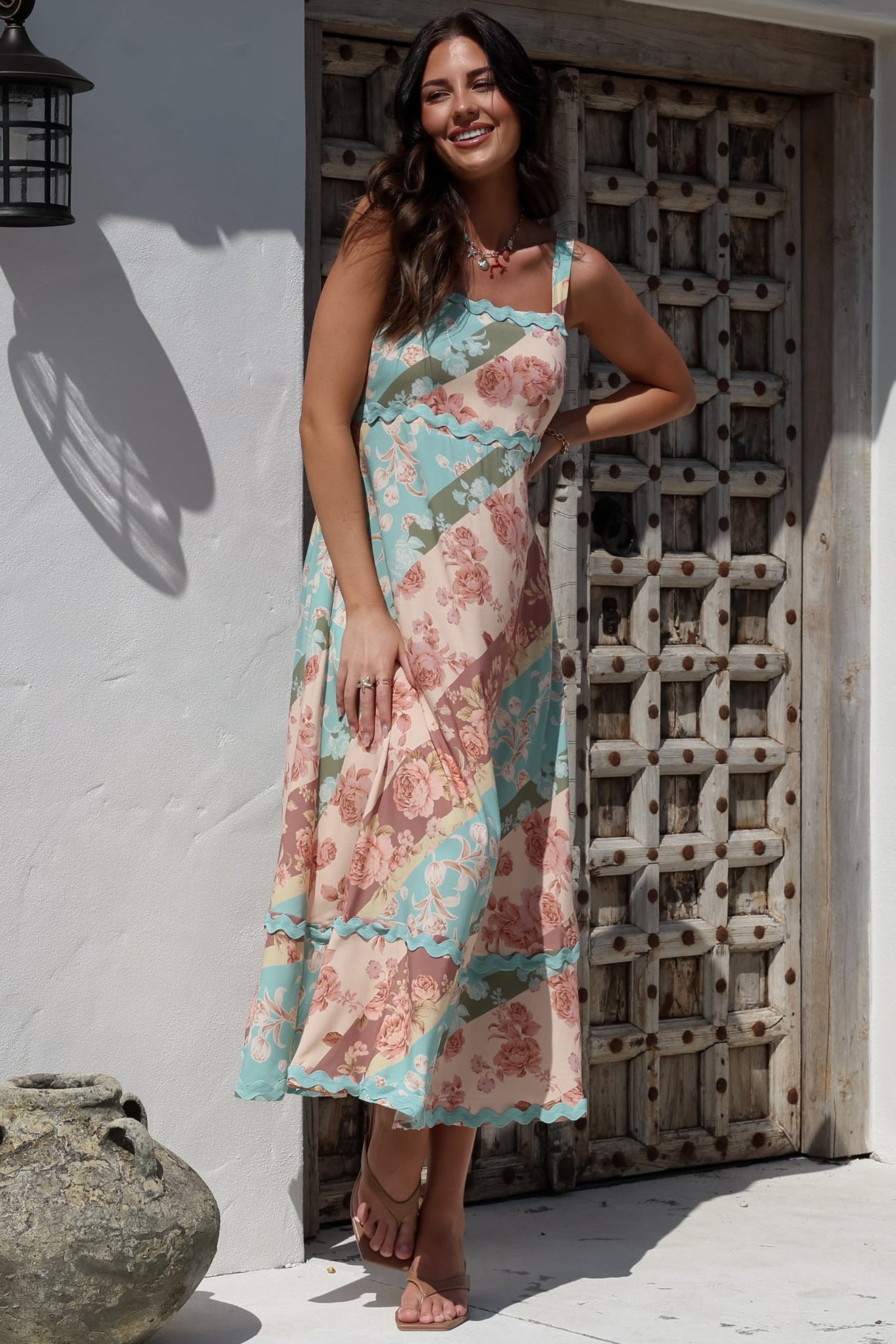 Bionda Midi Dress - Ric Rac Spliced Sun Dress with Adjustable Straps in Clavelle Print