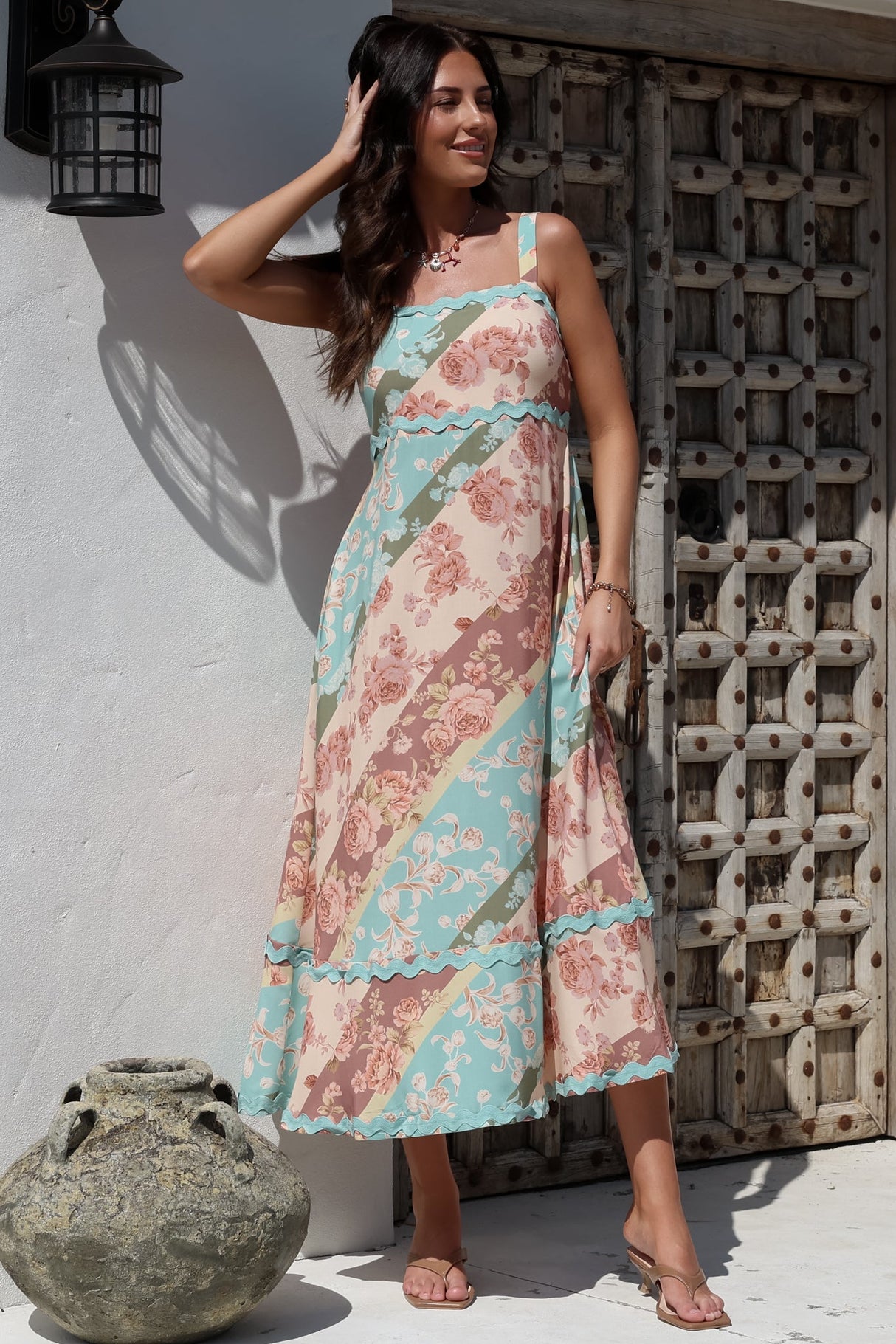 Bionda Midi Dress - Ric Rac Spliced Sun Dress with Adjustable Straps in Clavelle Print