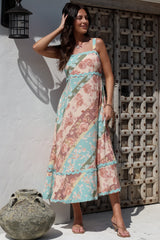 Bionda Midi Dress - Ric Rac Spliced Sun Dress with Adjustable Straps in Clavelle Print