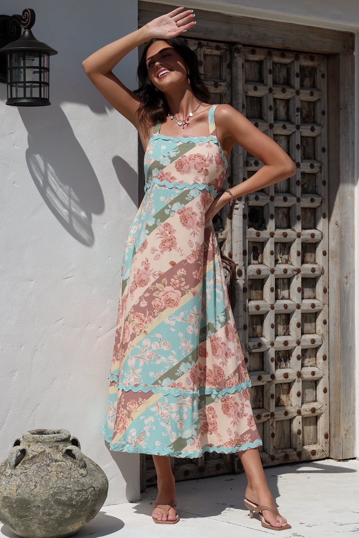 Bionda Midi Dress - Ric Rac Spliced Sun Dress with Adjustable Straps in Clavelle Print