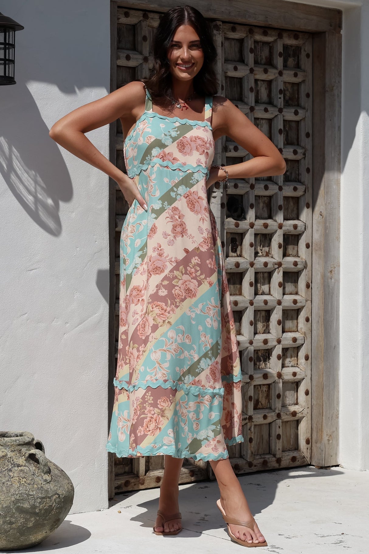 Bionda Midi Dress - Ric Rac Spliced Sun Dress with Adjustable Straps in Clavelle Print