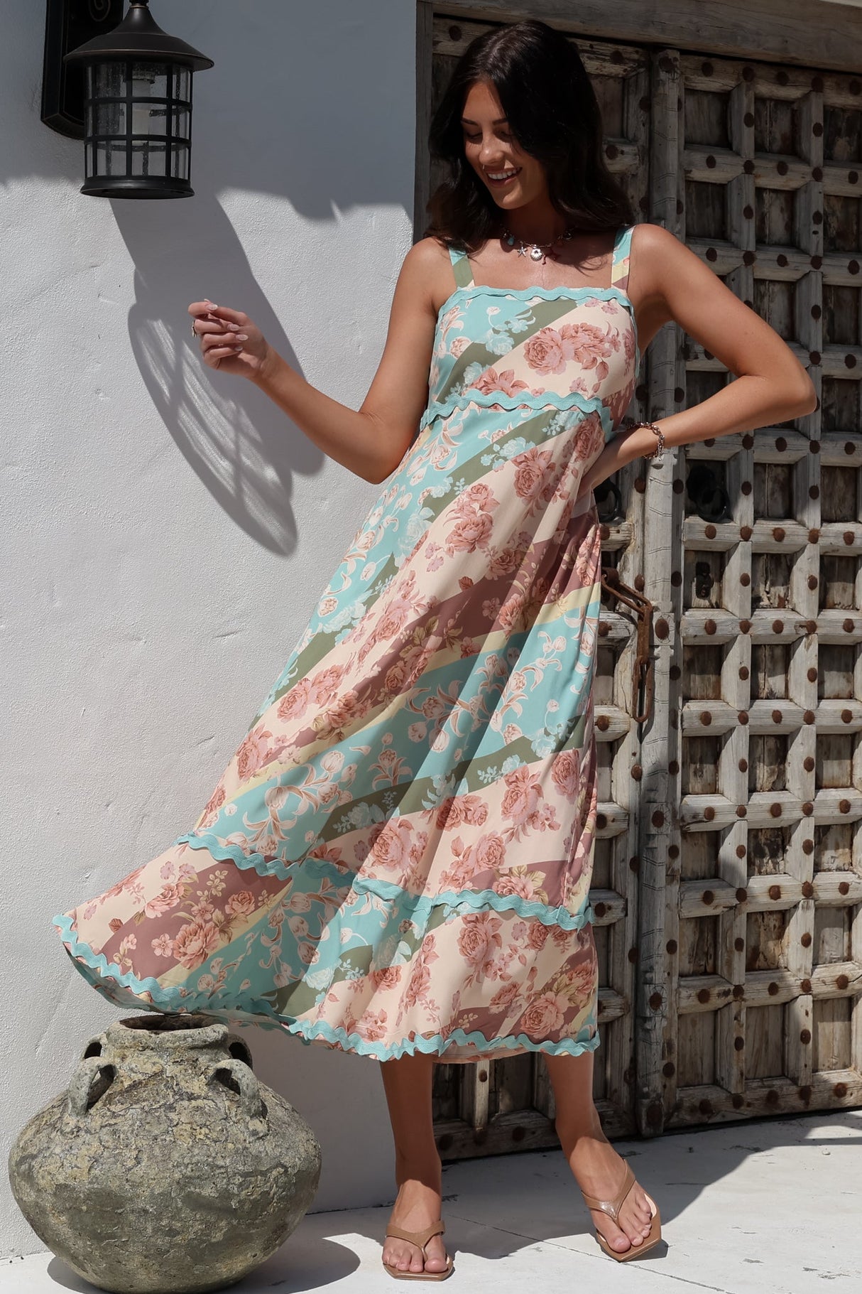 Bionda Midi Dress - Ric Rac Spliced Sun Dress with Adjustable Straps in Clavelle Print