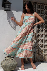 Bionda Midi Dress - Ric Rac Spliced Sun Dress with Adjustable Straps in Clavelle Print