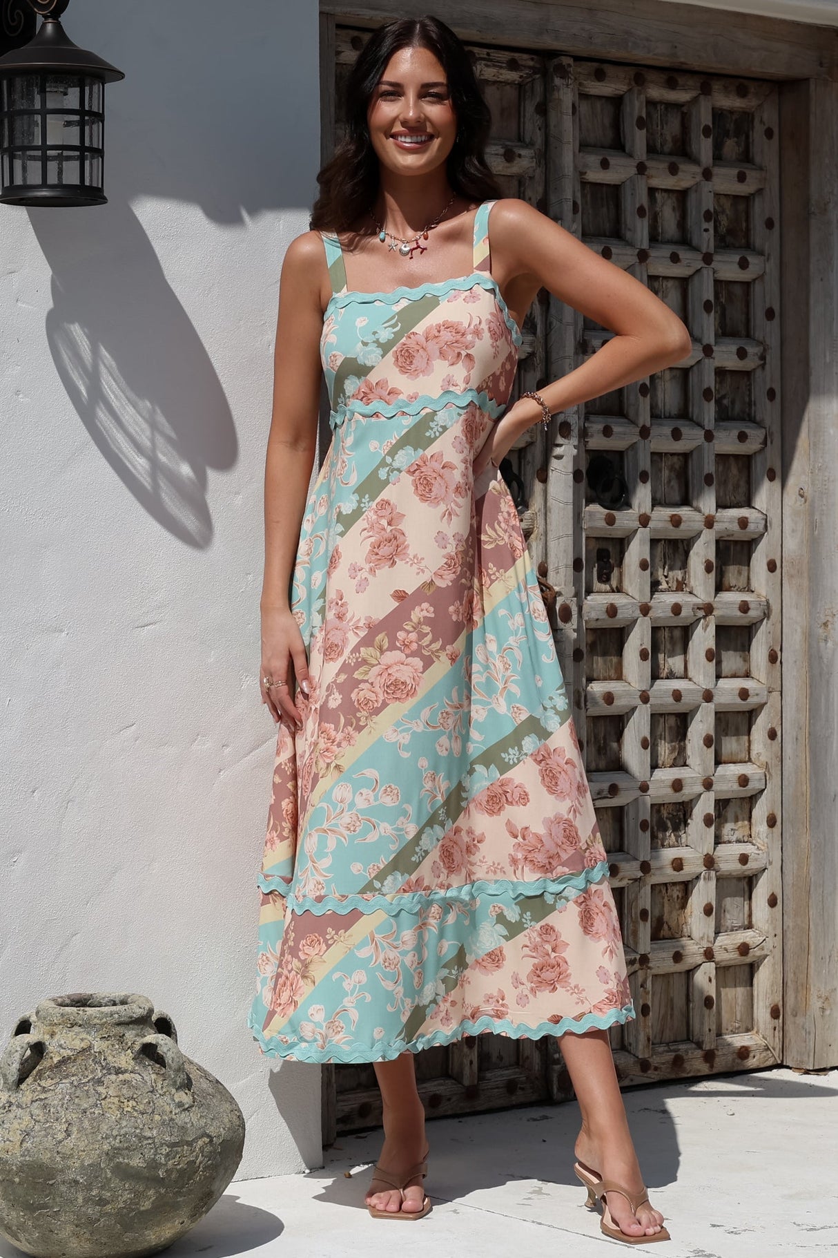 Bionda Midi Dress - Ric Rac Spliced Sun Dress with Adjustable Straps in Clavelle Print