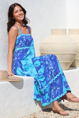 Bionda Midi Dress - Ric Rac Spliced Sun Dress with Adjustable Straps in Clavelle Print Blue