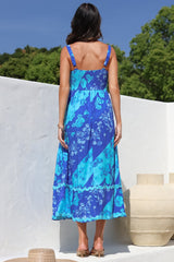 Bionda Midi Dress - Ric Rac Spliced Sun Dress with Adjustable Straps in Clavelle Print Blue