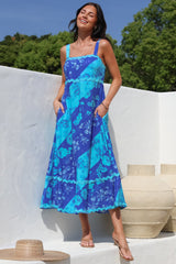 Bionda Midi Dress - Ric Rac Spliced Sun Dress with Adjustable Straps in Clavelle Print Blue