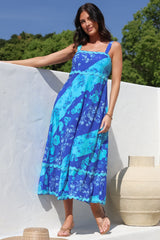 Bionda Midi Dress - Ric Rac Spliced Sun Dress with Adjustable Straps in Clavelle Print Blue
