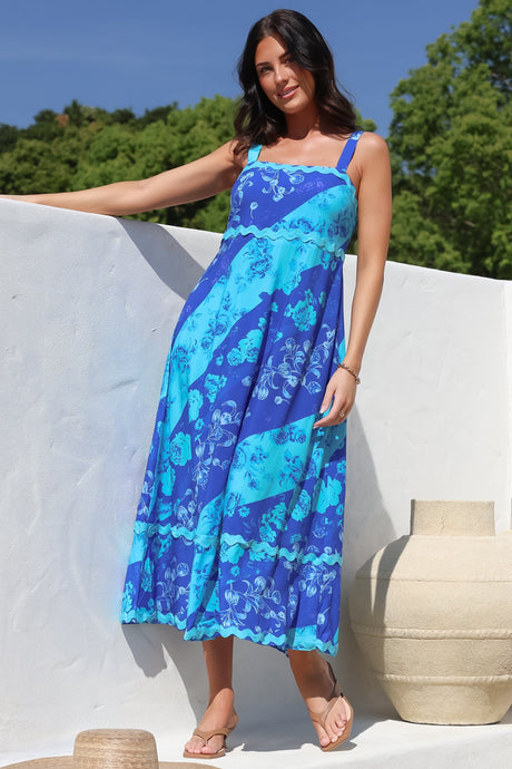 Bionda Midi Dress - Ric Rac Spliced Sun Dress with Adjustable Straps in Clavelle Print Blue