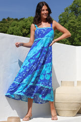 Bionda Midi Dress - Ric Rac Spliced Sun Dress with Adjustable Straps in Clavelle Print Blue
