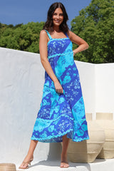 Bionda Midi Dress - Ric Rac Spliced Sun Dress with Adjustable Straps in Clavelle Print Blue