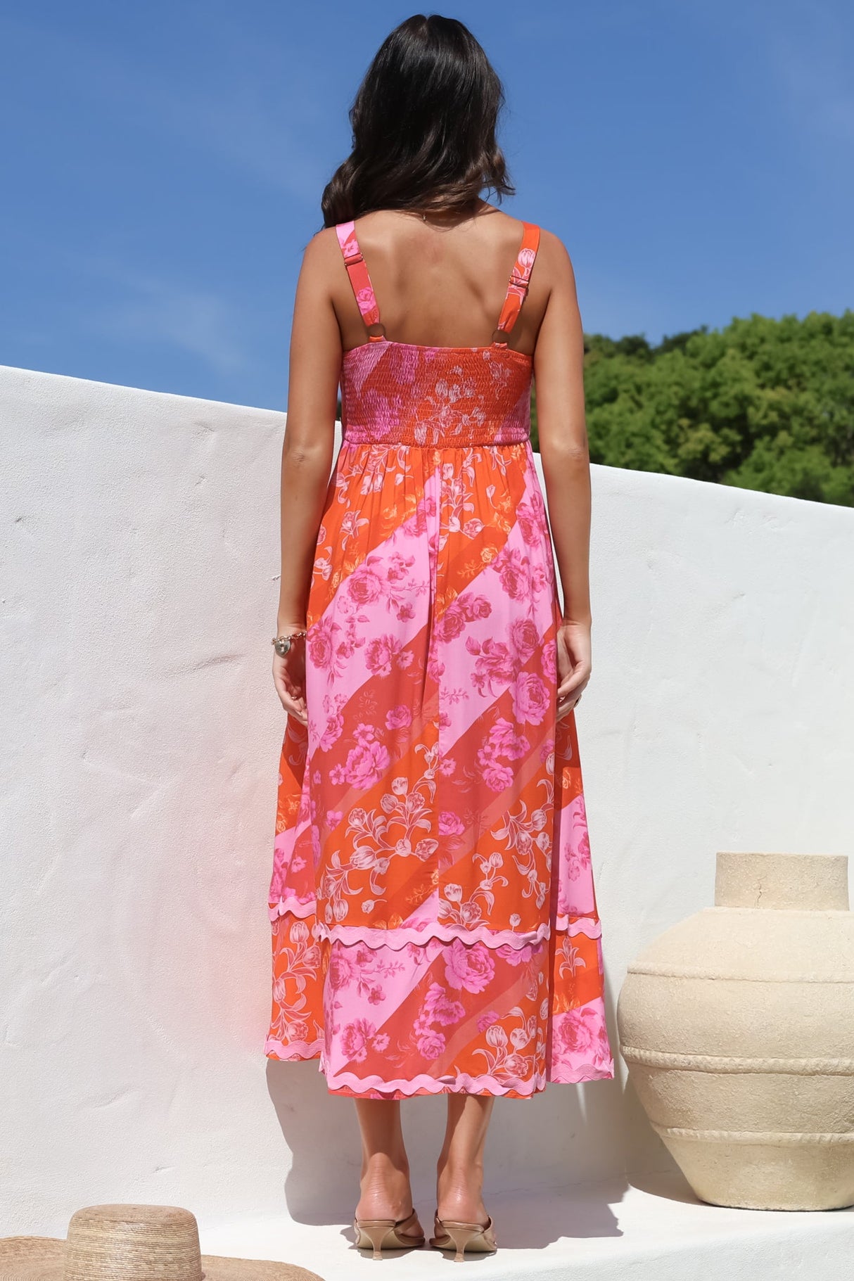 Bionda Midi Dress - Ric Rac Spliced Sun Dress with Adjustable Straps in Clavelle Print Pink