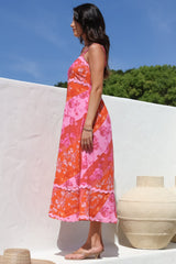 Bionda Midi Dress - Ric Rac Spliced Sun Dress with Adjustable Straps in Clavelle Print Pink