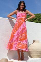 Bionda Midi Dress - Ric Rac Spliced Sun Dress with Adjustable Straps in Clavelle Print Pink