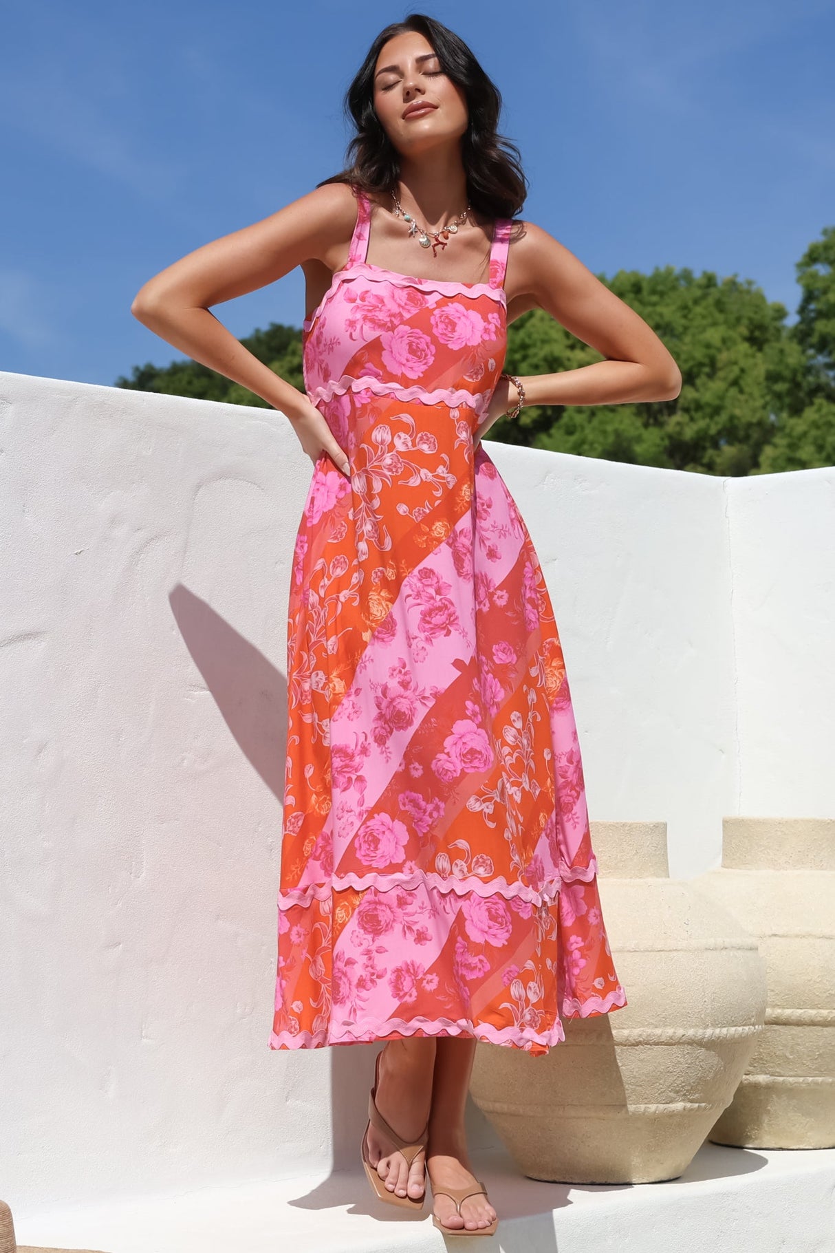 Bionda Midi Dress - Ric Rac Spliced Sun Dress with Adjustable Straps in Clavelle Print Pink