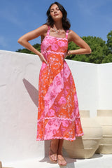 Bionda Midi Dress - Ric Rac Spliced Sun Dress with Adjustable Straps in Clavelle Print Pink