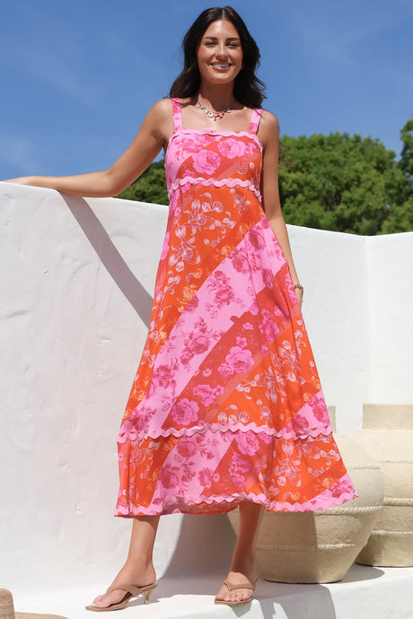 Bionda Midi Dress - Ric Rac Spliced Sun Dress with Adjustable Straps in Clavelle Print Pink