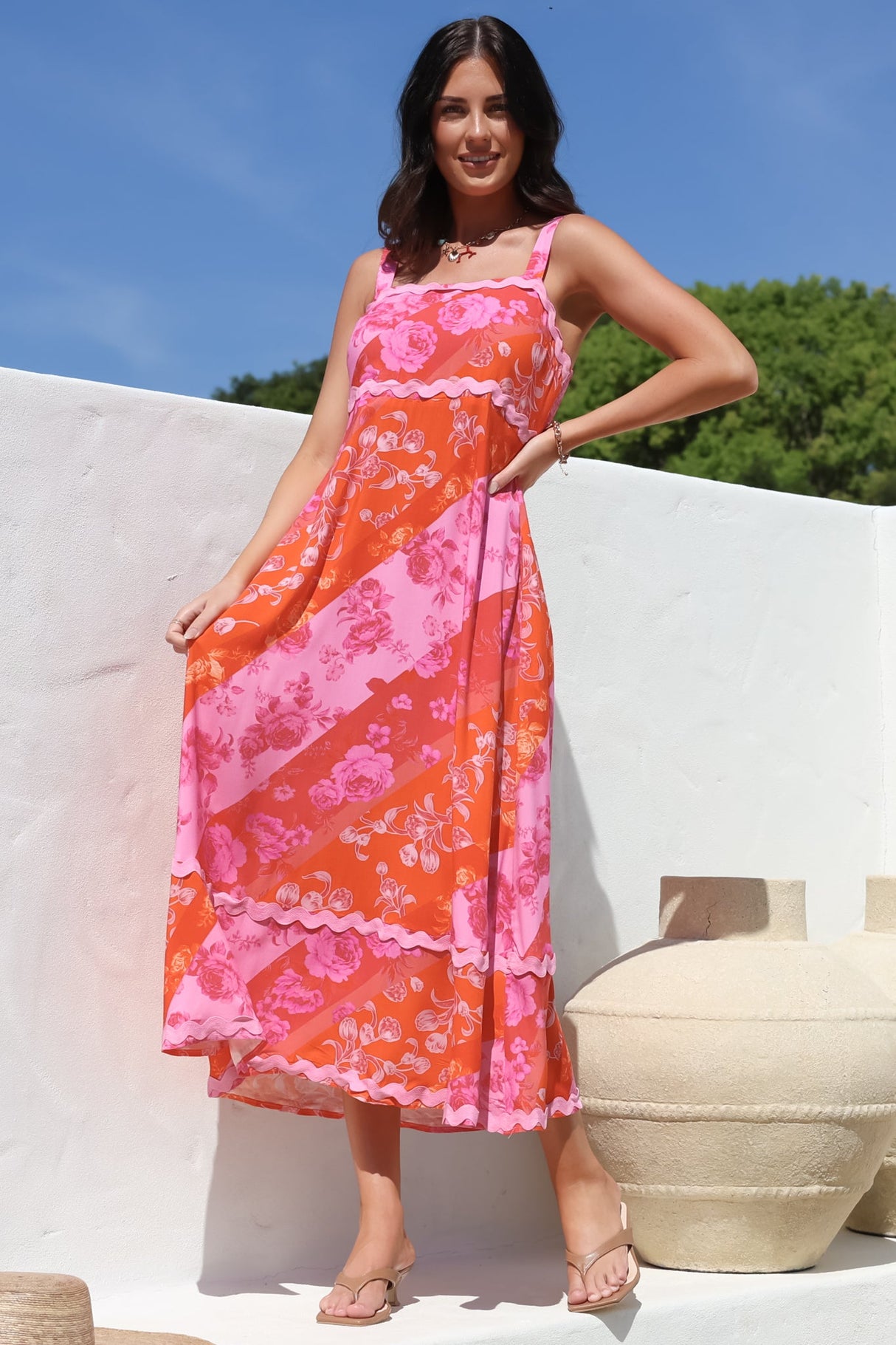 Bionda Midi Dress - Ric Rac Spliced Sun Dress with Adjustable Straps in Clavelle Print Pink