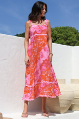 Bionda Midi Dress - Ric Rac Spliced Sun Dress with Adjustable Straps in Clavelle Print Pink
