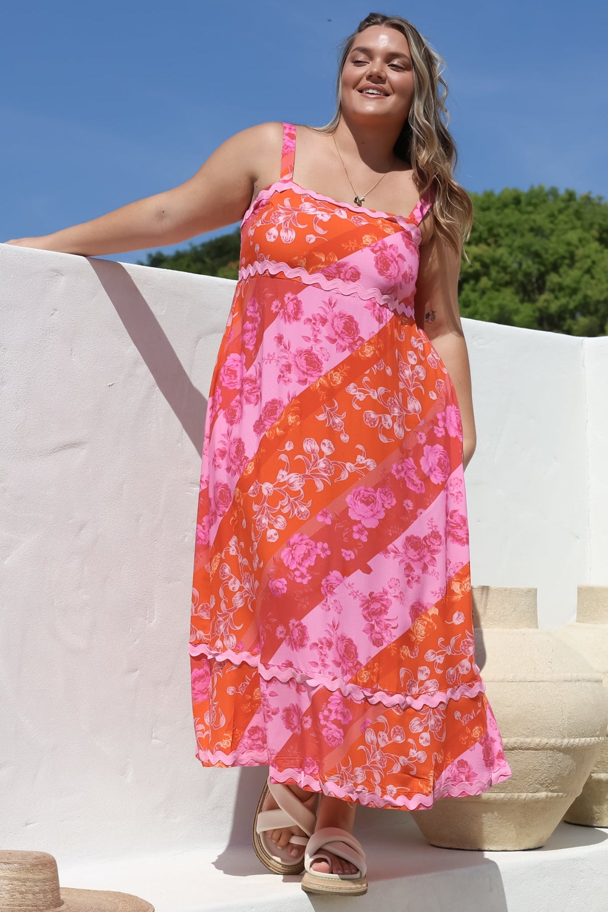Bionda Midi Dress - Ric Rac Spliced Sun Dress with Adjustable Straps in Clavelle Print Pink