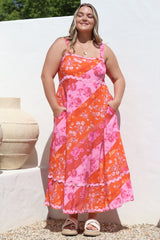 Bionda Midi Dress - Ric Rac Spliced Sun Dress with Adjustable Straps in Clavelle Print Pink