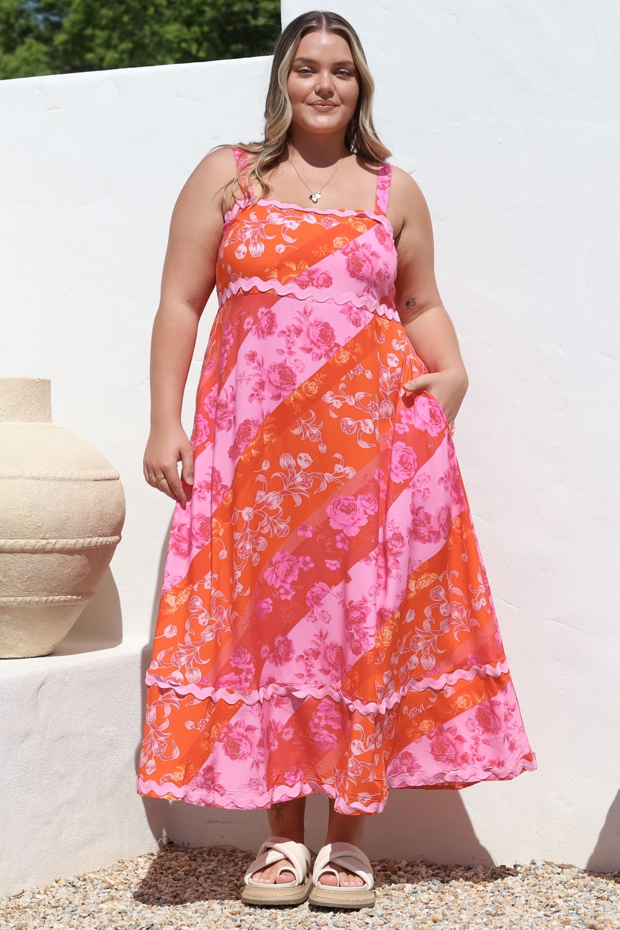 Bionda Midi Dress - Ric Rac Spliced Sun Dress with Adjustable Straps in Clavelle Print Pink