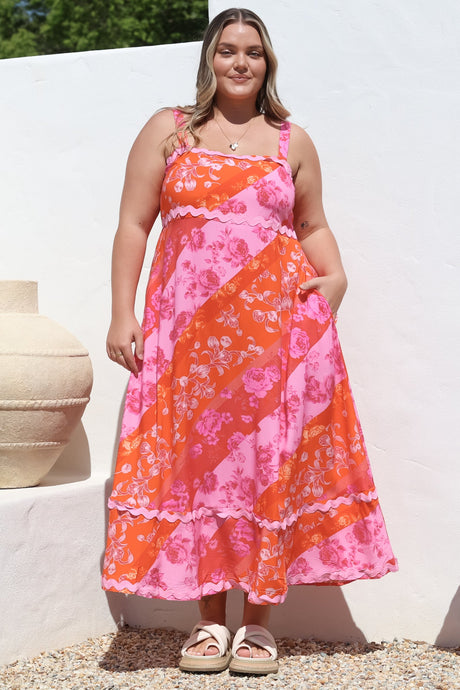 Bionda Midi Dress - Ric Rac Spliced Sun Dress with Adjustable Straps in Clavelle Print Pink
