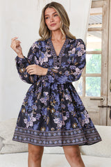 Biondi Mini Dress - Deep V-Neck A-Line Mini with Balloon Sleeves in Luella Print