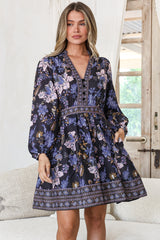 Biondi Mini Dress - Deep V-Neck A-Line Mini with Balloon Sleeves in Luella Print